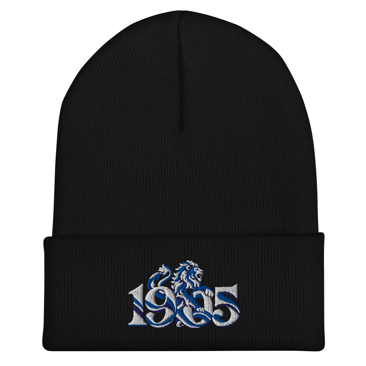 Chelsea 1905 Heritage Lion Embroidered Football Beanie – black front view
