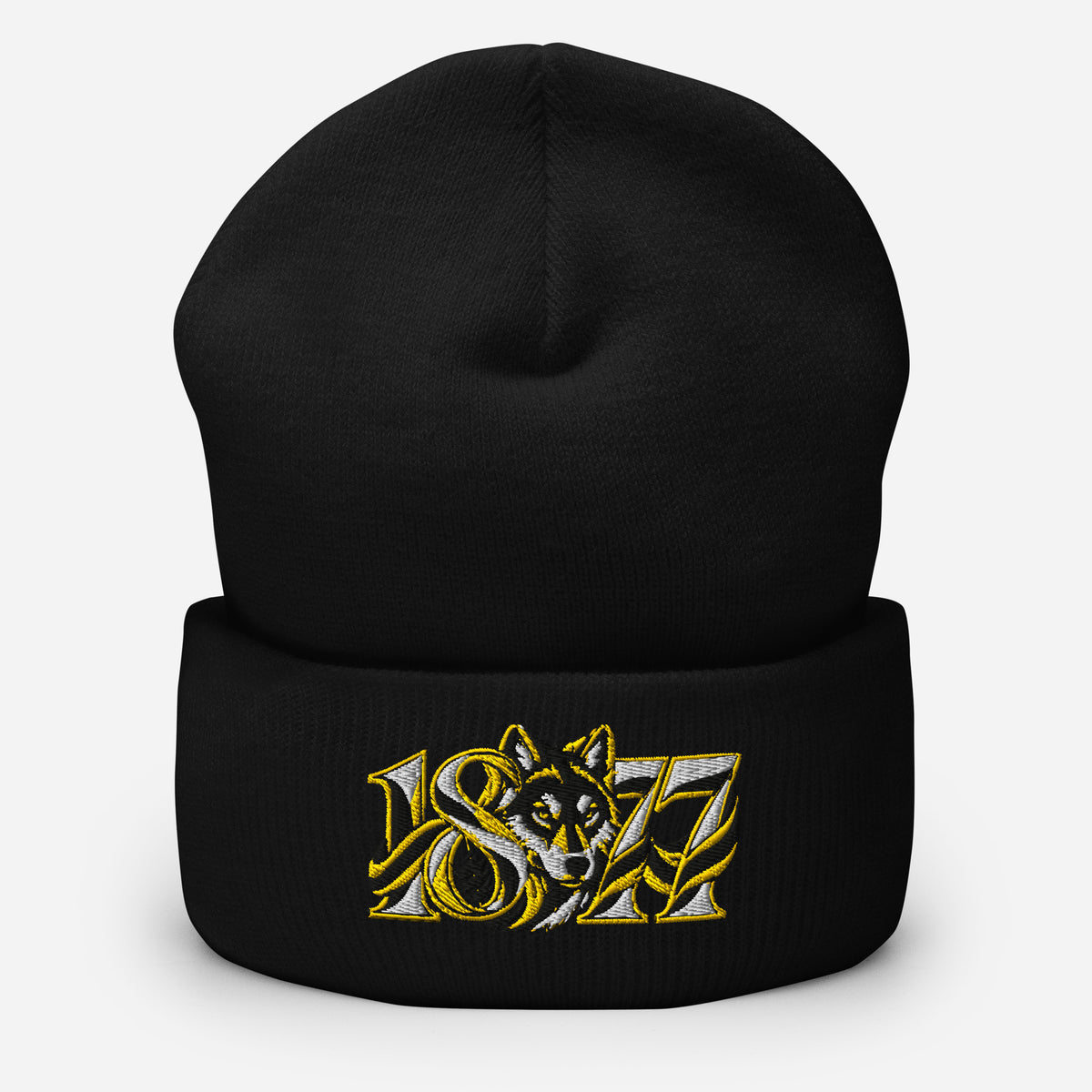 Wolves 1877 Heritage Wolf Embroidered Football Beanie – black front view
