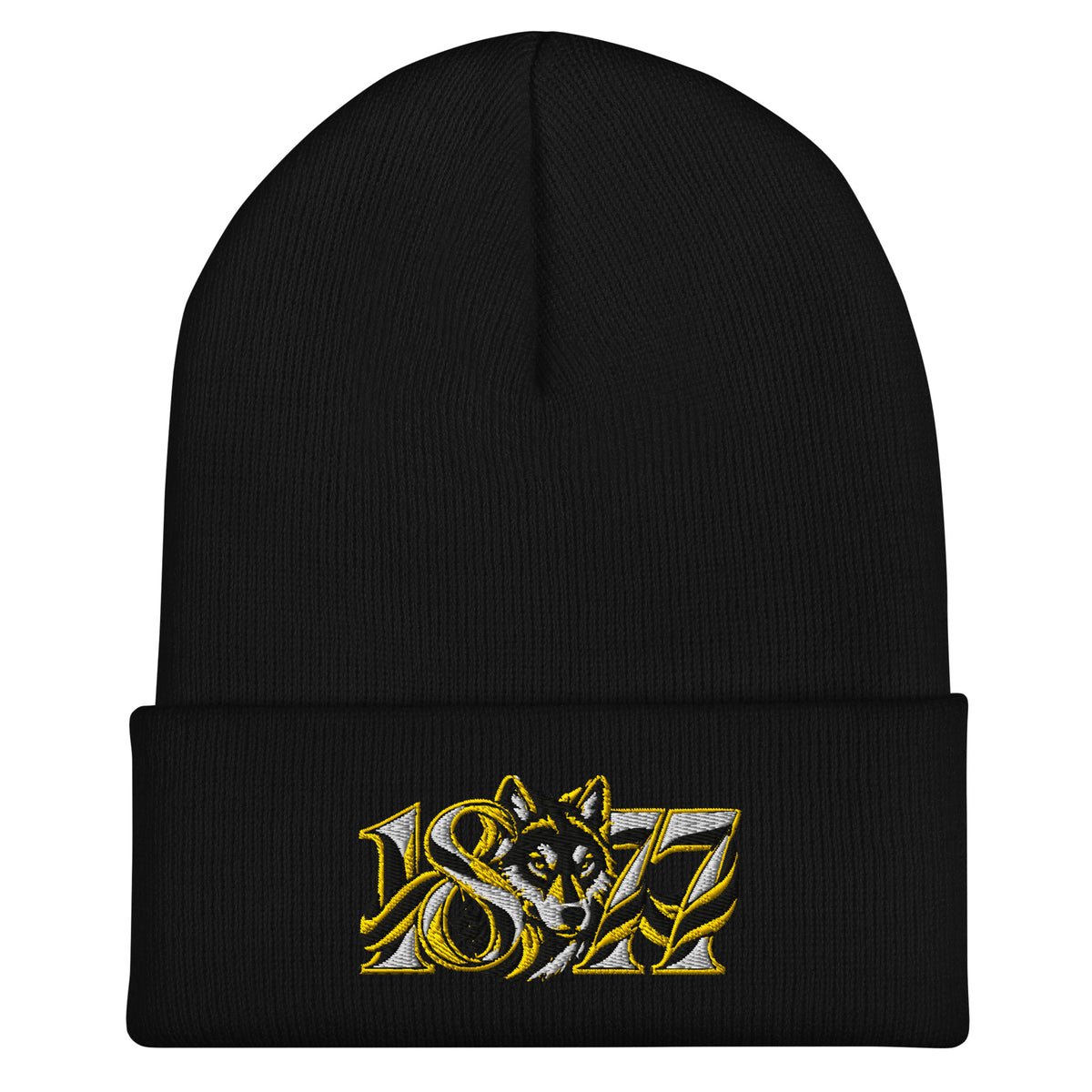 Wolves 1877 Heritage Wolf Embroidered Football Beanie – black front view