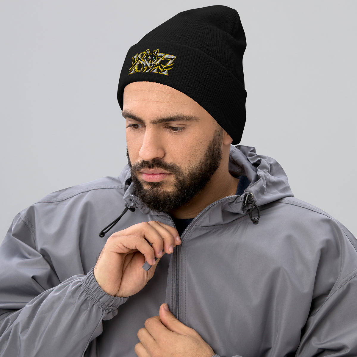 Wolves 1877 Heritage Wolf Embroidered Football Beanie – black front view