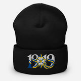 Leeds 1919 White Rose Heritage Embroidered Football Beanie – black front view
