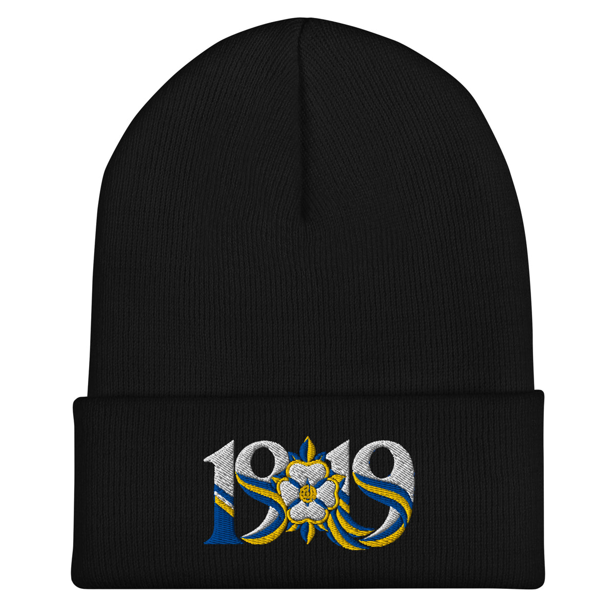 Leeds 1919 White Rose Heritage Embroidered Football Beanie – black front view