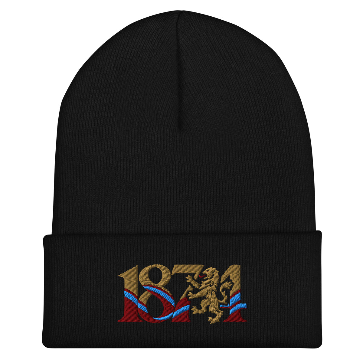 Aston Villa 1874 Lion Heritage Embroidered Football Beanie – black front view