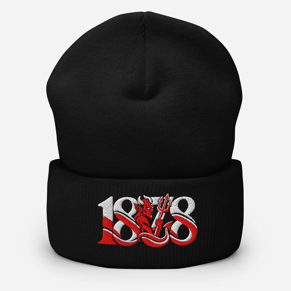 Manchester United 1878 Red Devil Heritage embroidered football beanie, black colour, front view