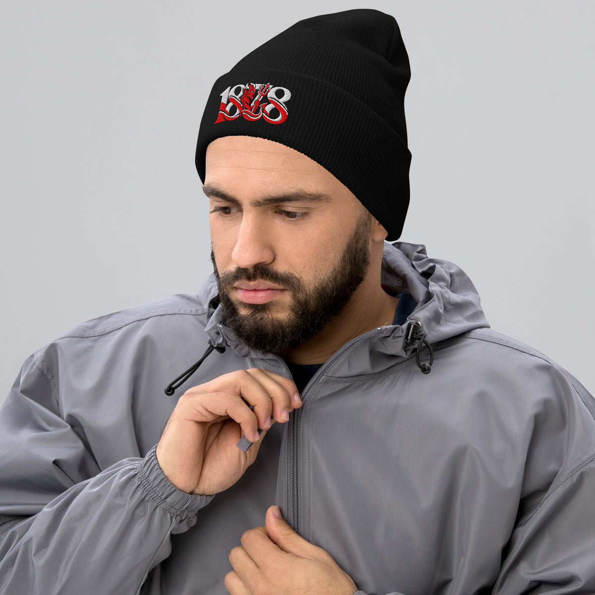 Manchester United 1878 Red Devil Heritage embroidered football beanie, black colour, front view