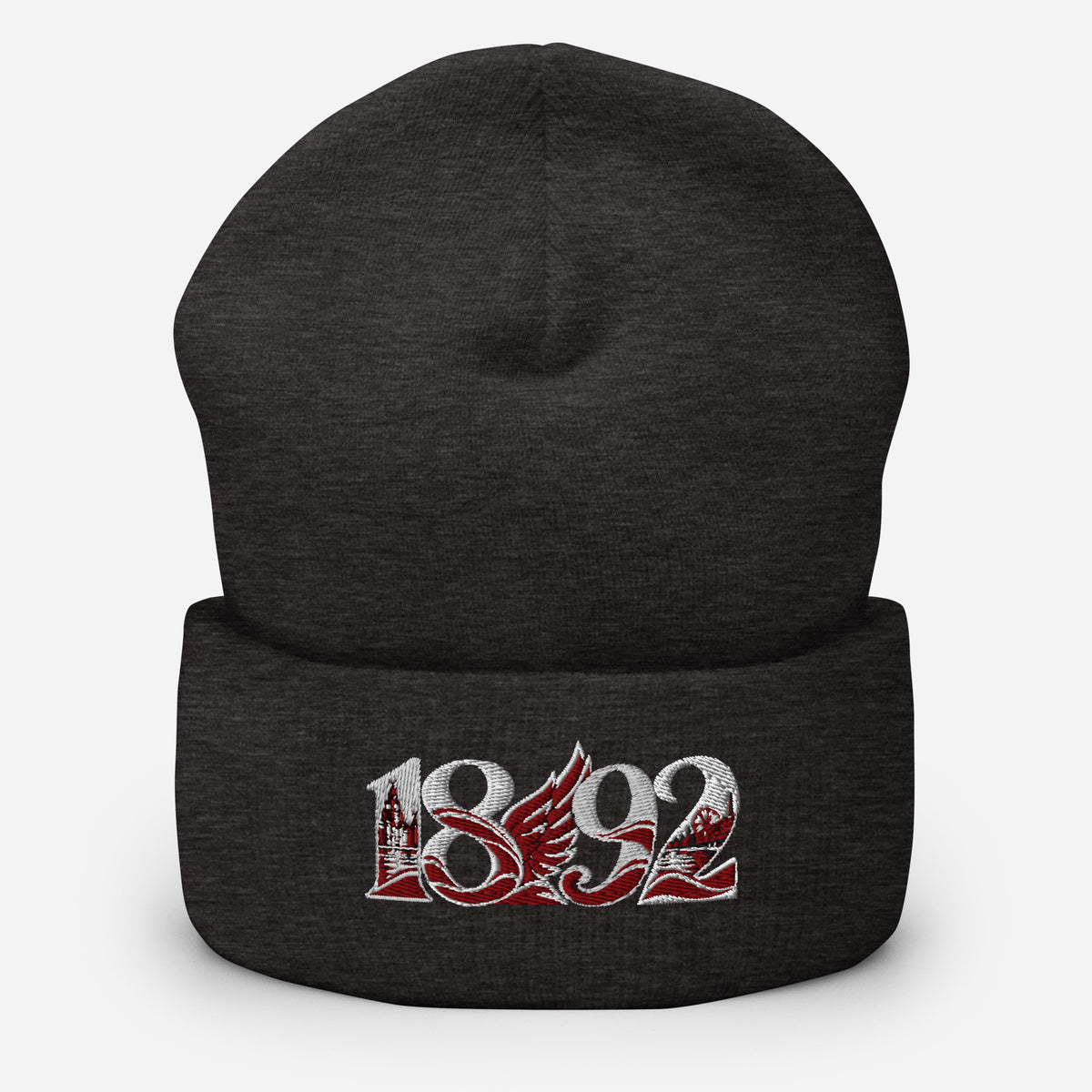 Liverpool 1892 Heritage Liver Bird Embroidered Football Beanie – dark grey front view