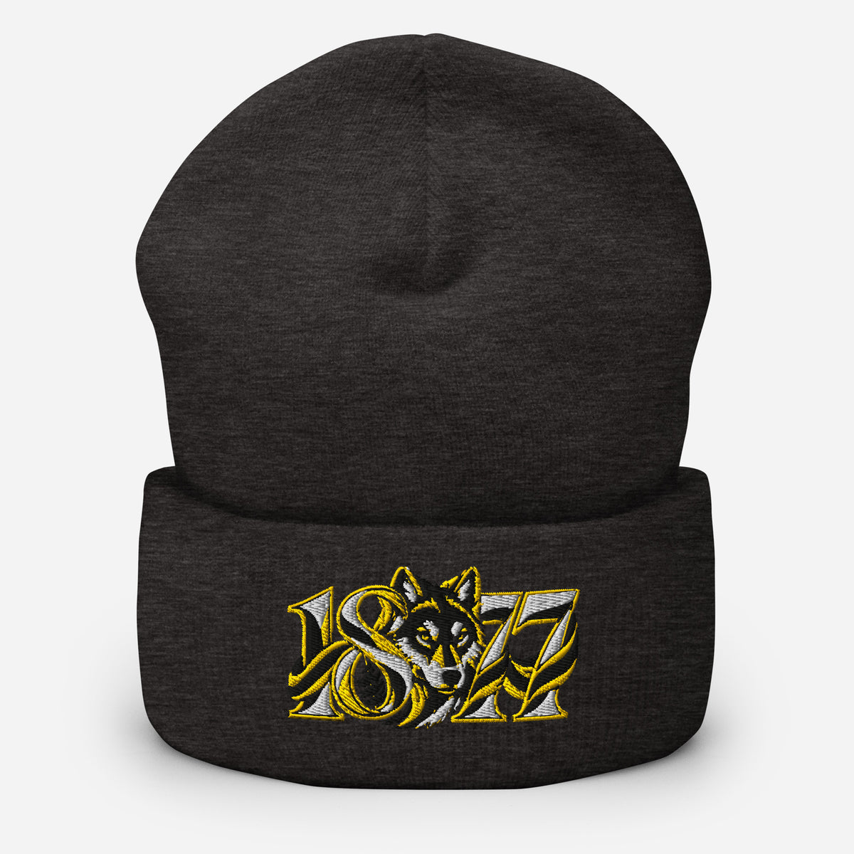 Wolves 1877 Heritage Wolf Embroidered Football Beanie – dark grey front view