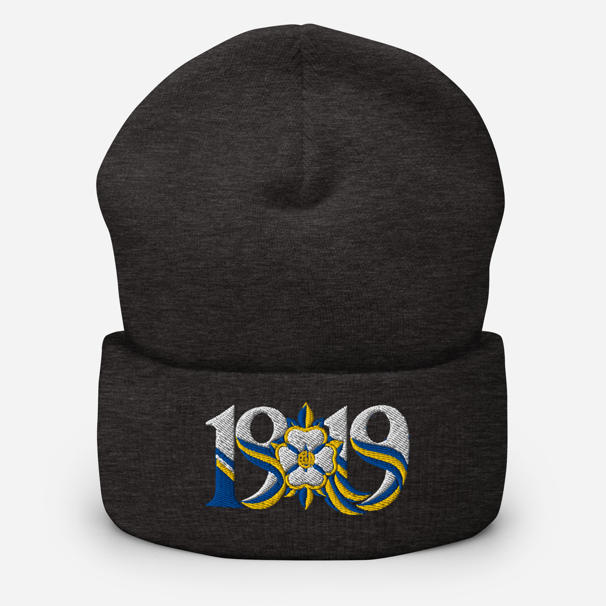 Leeds 1919 White Rose Heritage Embroidered Football Beanie – dark grey front view