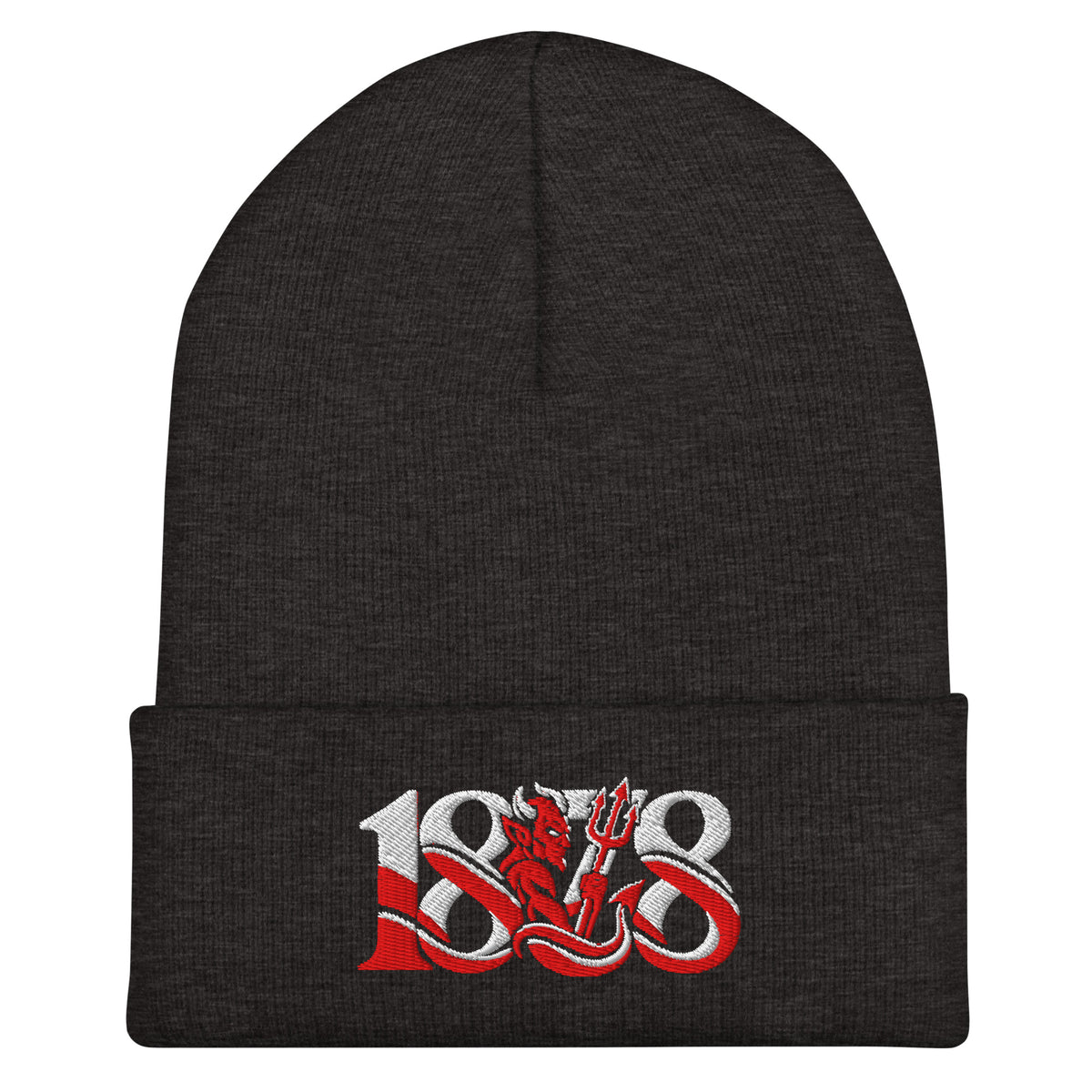 Manchester United 1878 Red Devil Heritage embroidered football beanie, dark grey colour, front view
