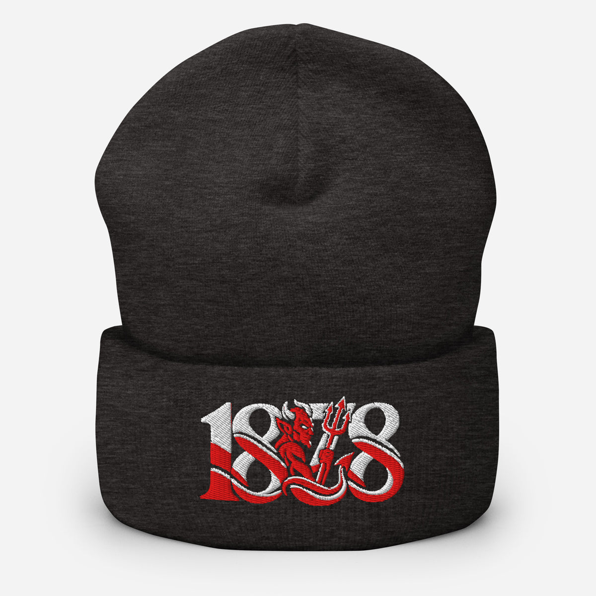 Manchester United 1878 Red Devil Heritage embroidered football beanie, dark grey colour, front view