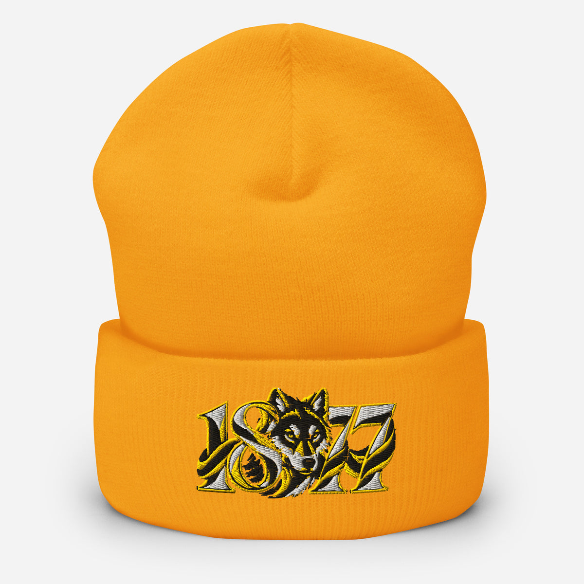 Wolves 1877 Heritage Wolf Embroidered Football Beanie – gold front view