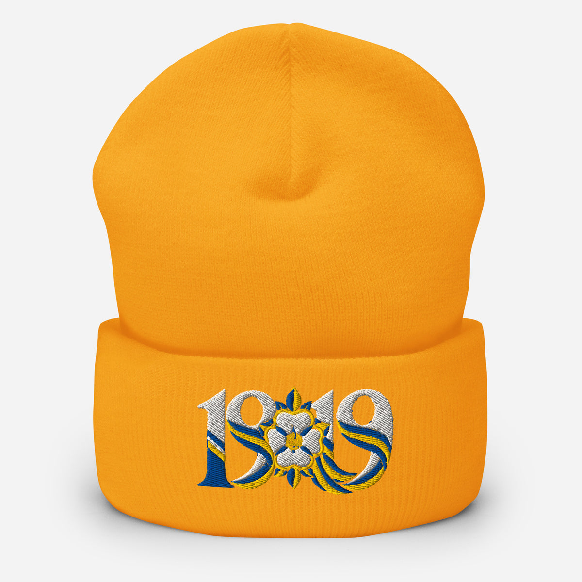 Leeds 1919 White Rose Heritage Embroidered Football Beanie – gold front view