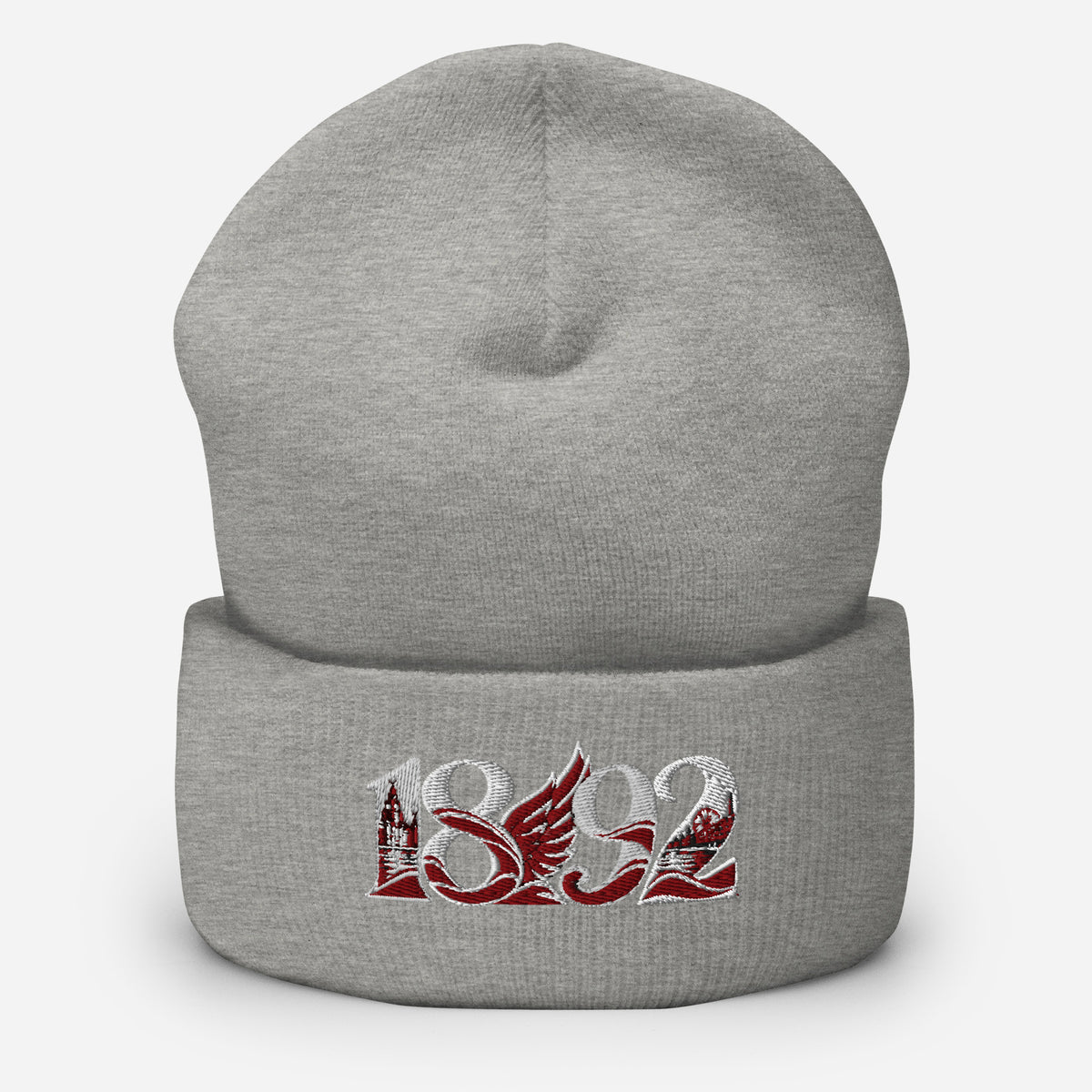 Liverpool 1892 Heritage Liver Bird Embroidered Football Beanie – heather grey front view