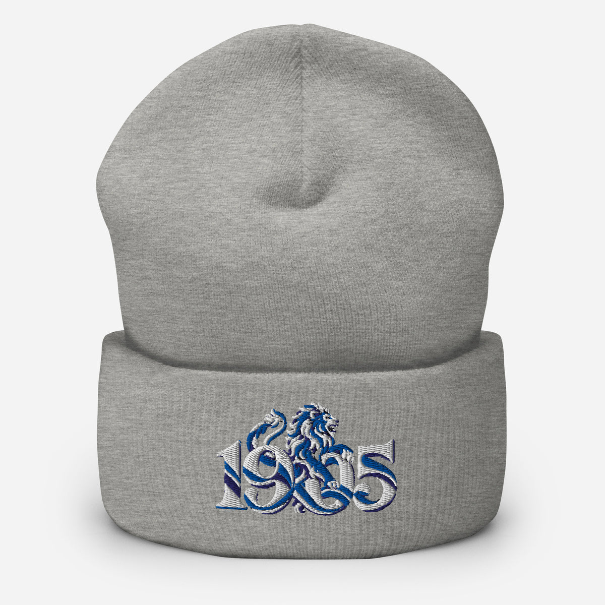 Chelsea 1905 Heritage Lion Embroidered Football Beanie – heather grey front view