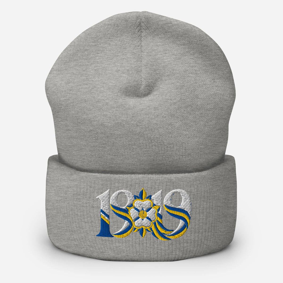 Leeds 1919 White Rose Heritage Embroidered Football Beanie – heather grey front view