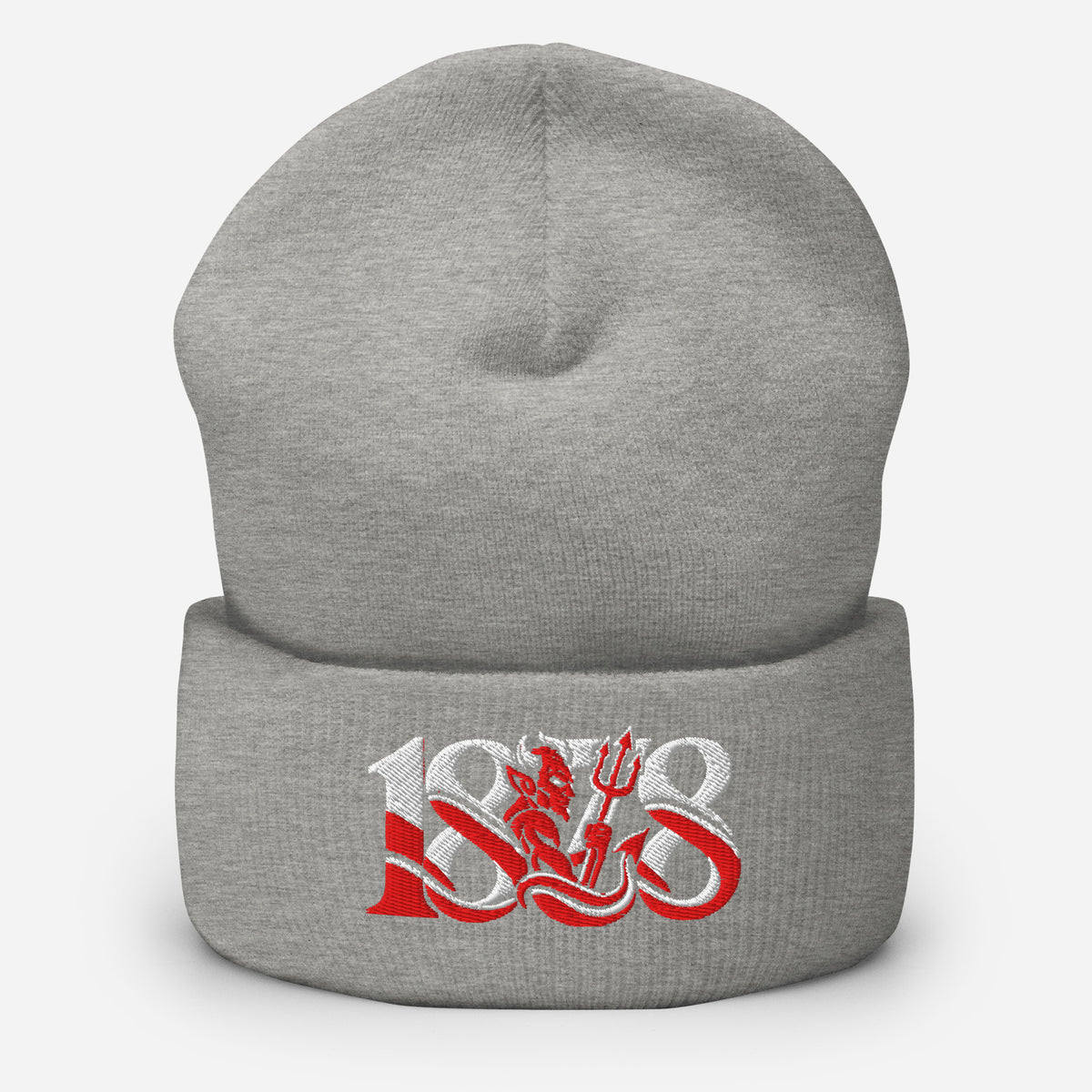 Manchester United 1878 Red Devil Heritage embroidered football beanie, heather grey colour, front view
