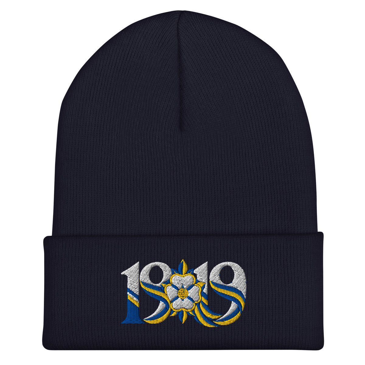 Leeds 1919 White Rose Heritage Embroidered Football Beanie – navy front view