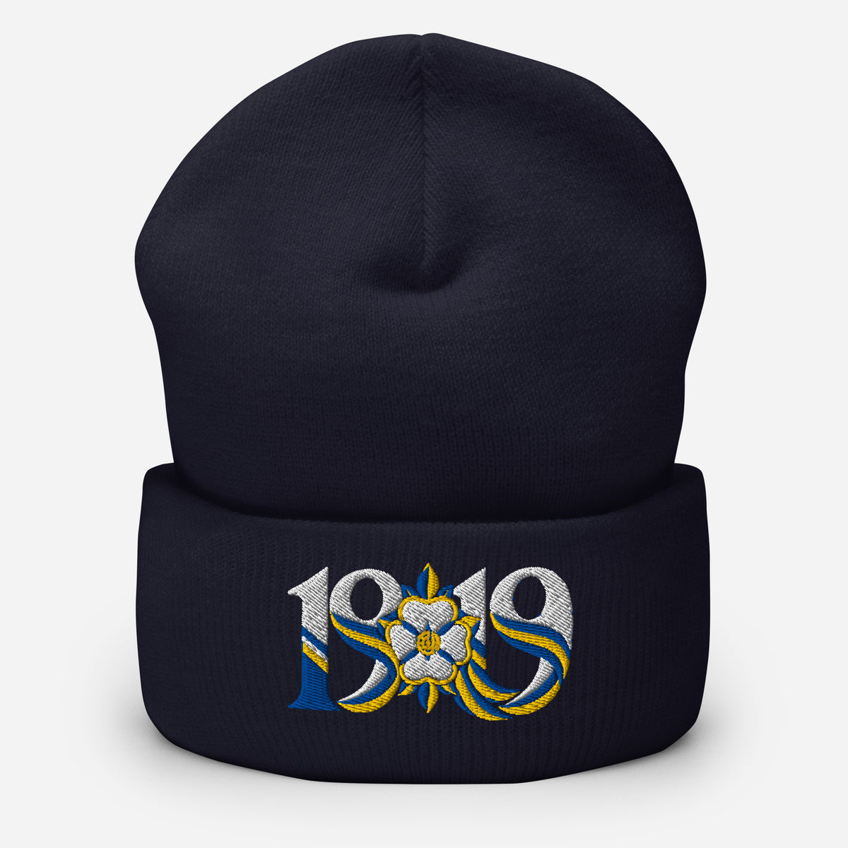Leeds 1919 White Rose Heritage Embroidered Football Beanie – navy front view