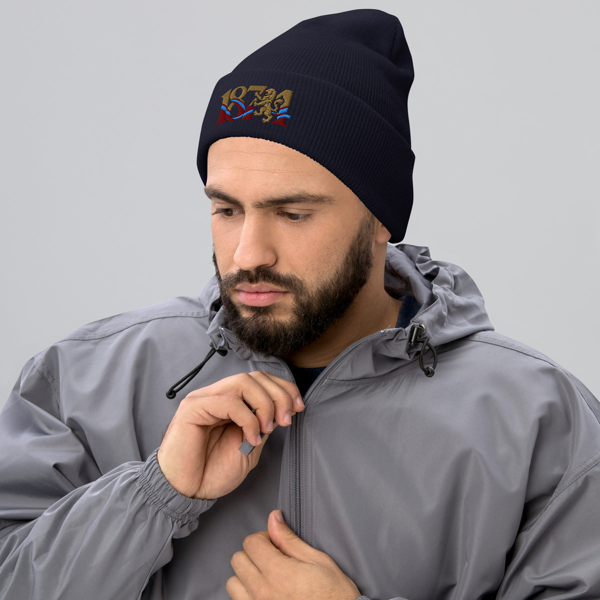 Aston Villa 1874 Lion Heritage Embroidered Football Beanie – navy front view