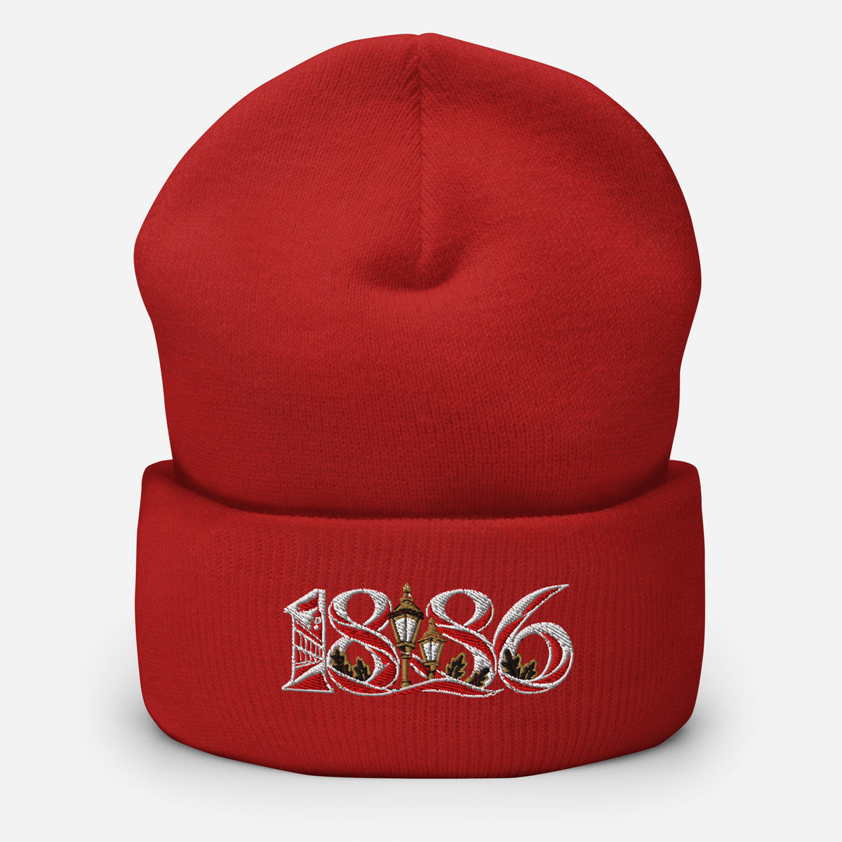 Arsenal 1886 Heritage Embroidered Football Beanie – red front view