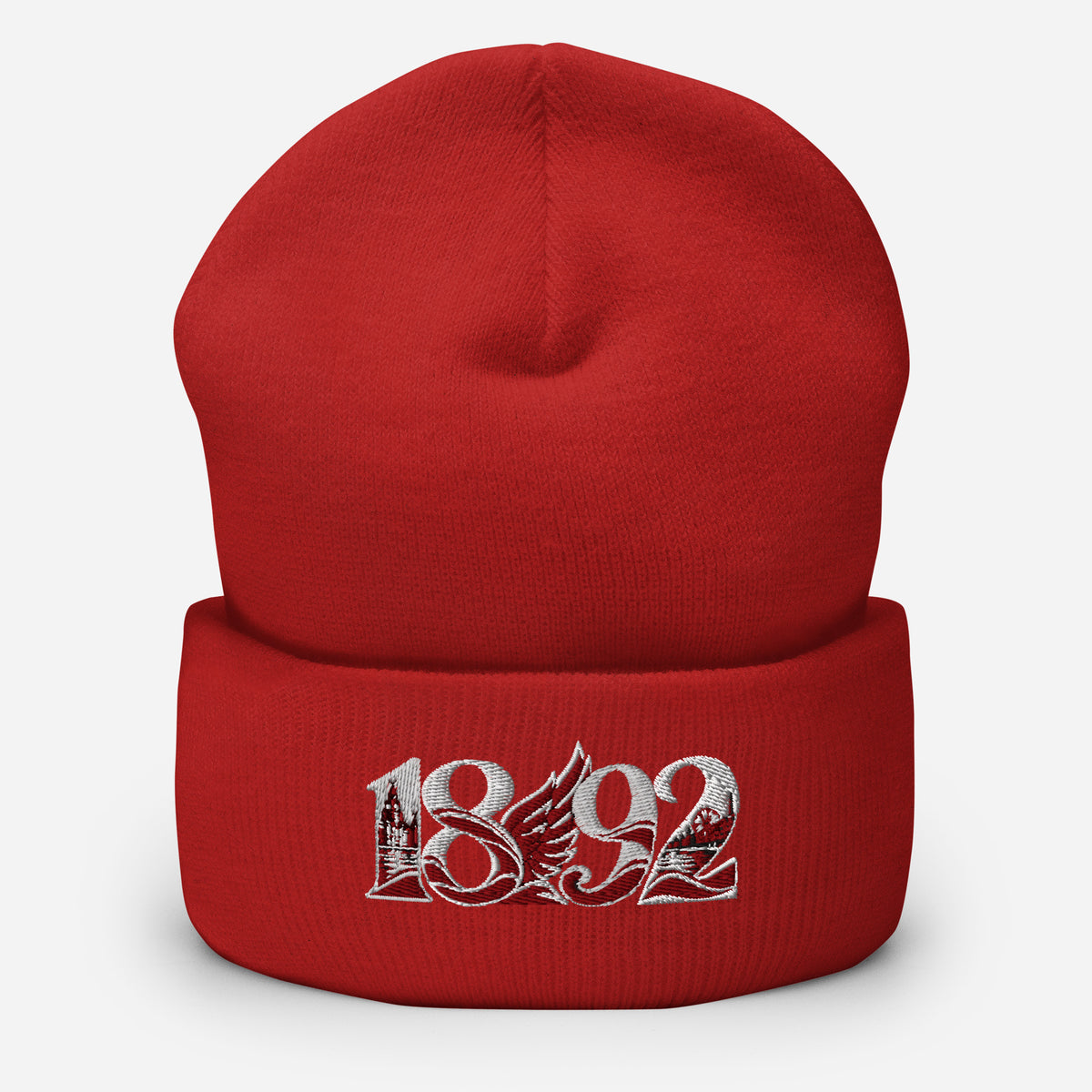 Liverpool 1892 Heritage Liver Bird Embroidered Football Beanie – red front view