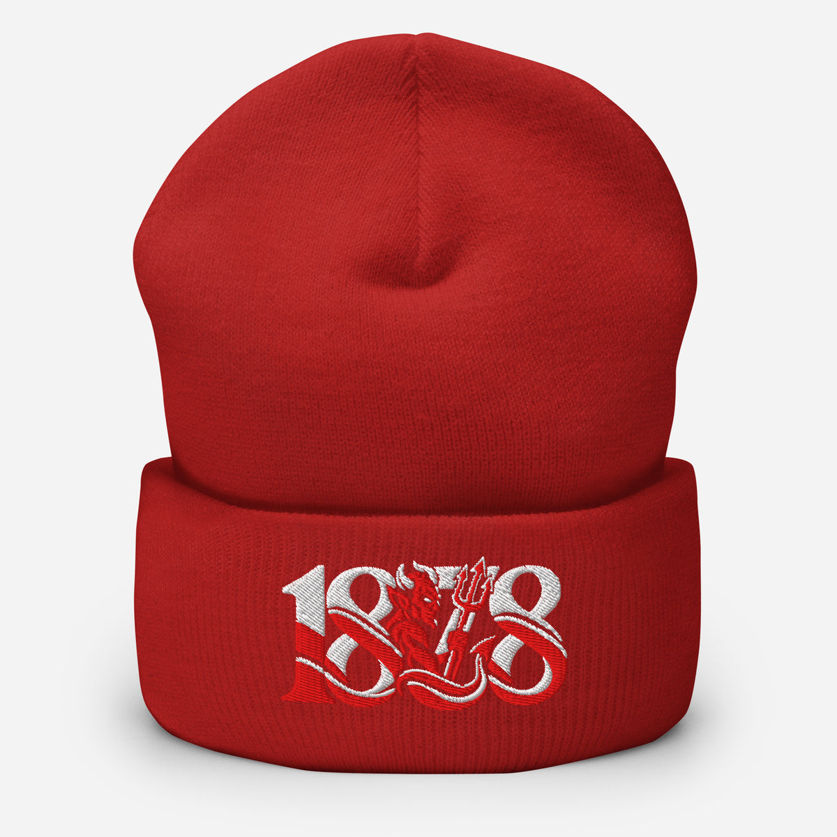 Manchester United 1878 Red Devil Heritage embroidered football beanie, red colour, front view