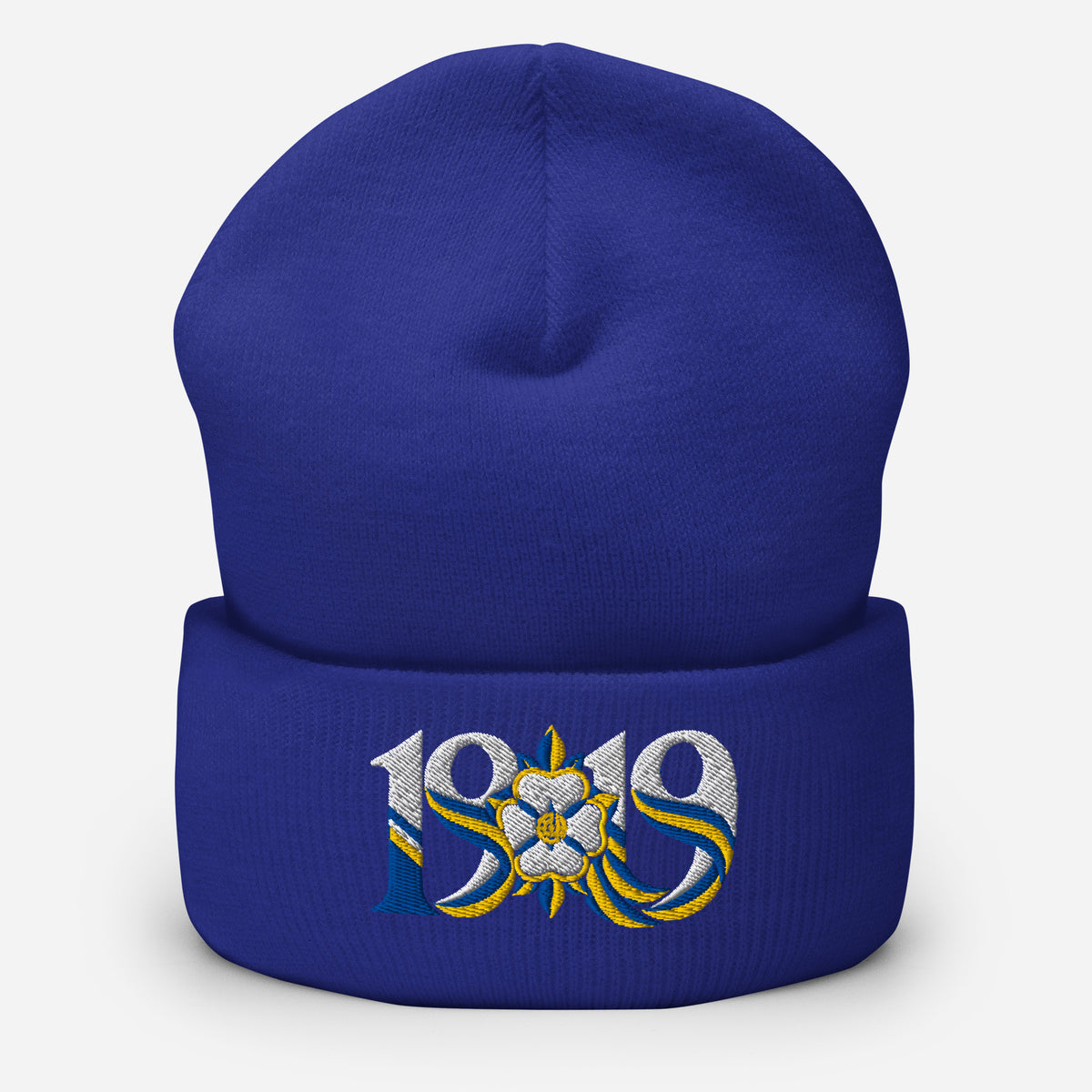 Leeds 1919 White Rose Heritage Embroidered Football Beanie – royal front view
