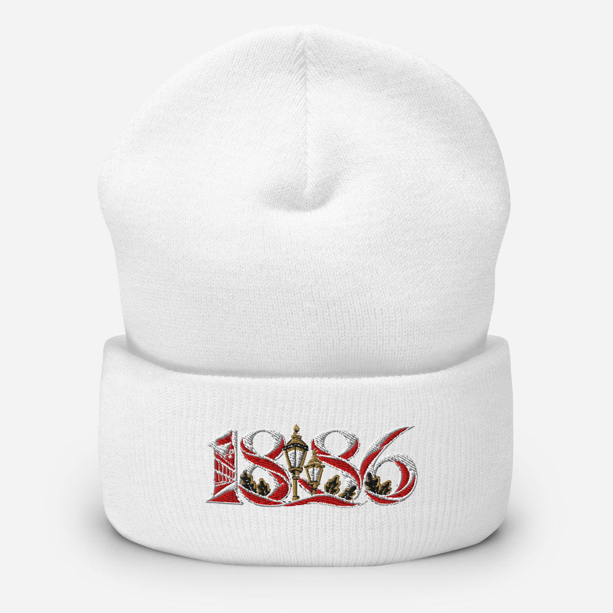 Arsenal 1886 Heritage Embroidered Football Beanie – white front view