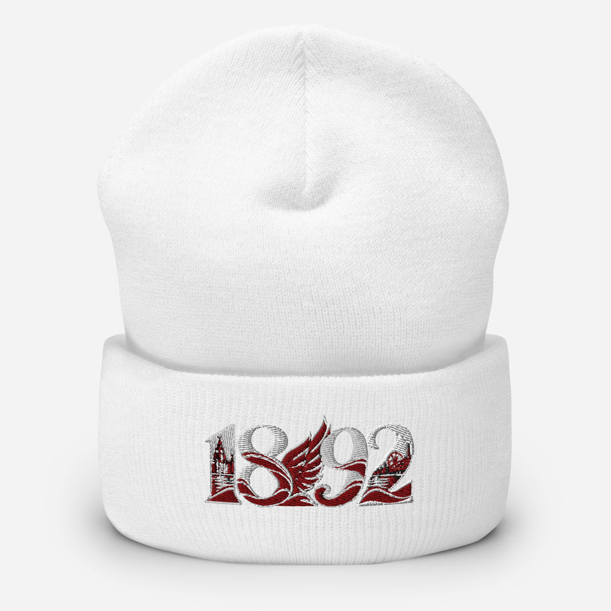 Liverpool 1892 Heritage Liver Bird Embroidered Football Beanie – white front view