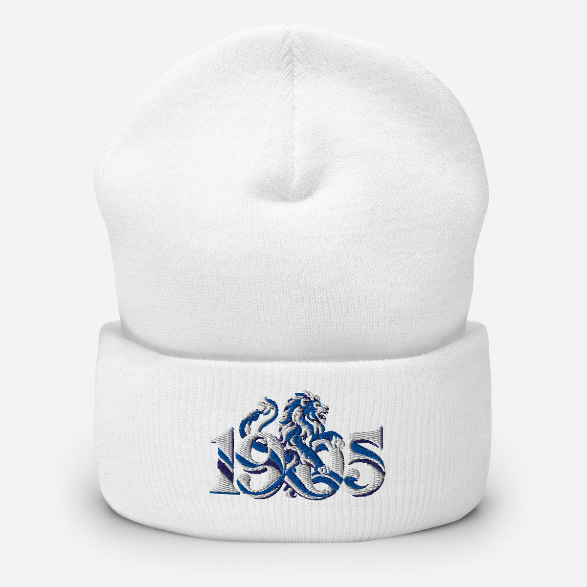 Chelsea 1905 Heritage Lion Embroidered Football Beanie – white front view