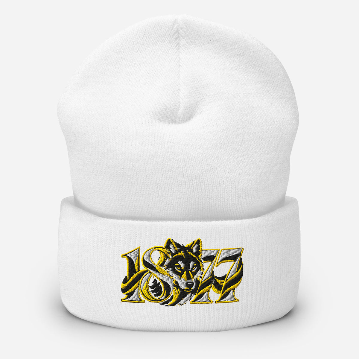 Wolves 1877 Heritage Wolf Embroidered Football Beanie – white front view