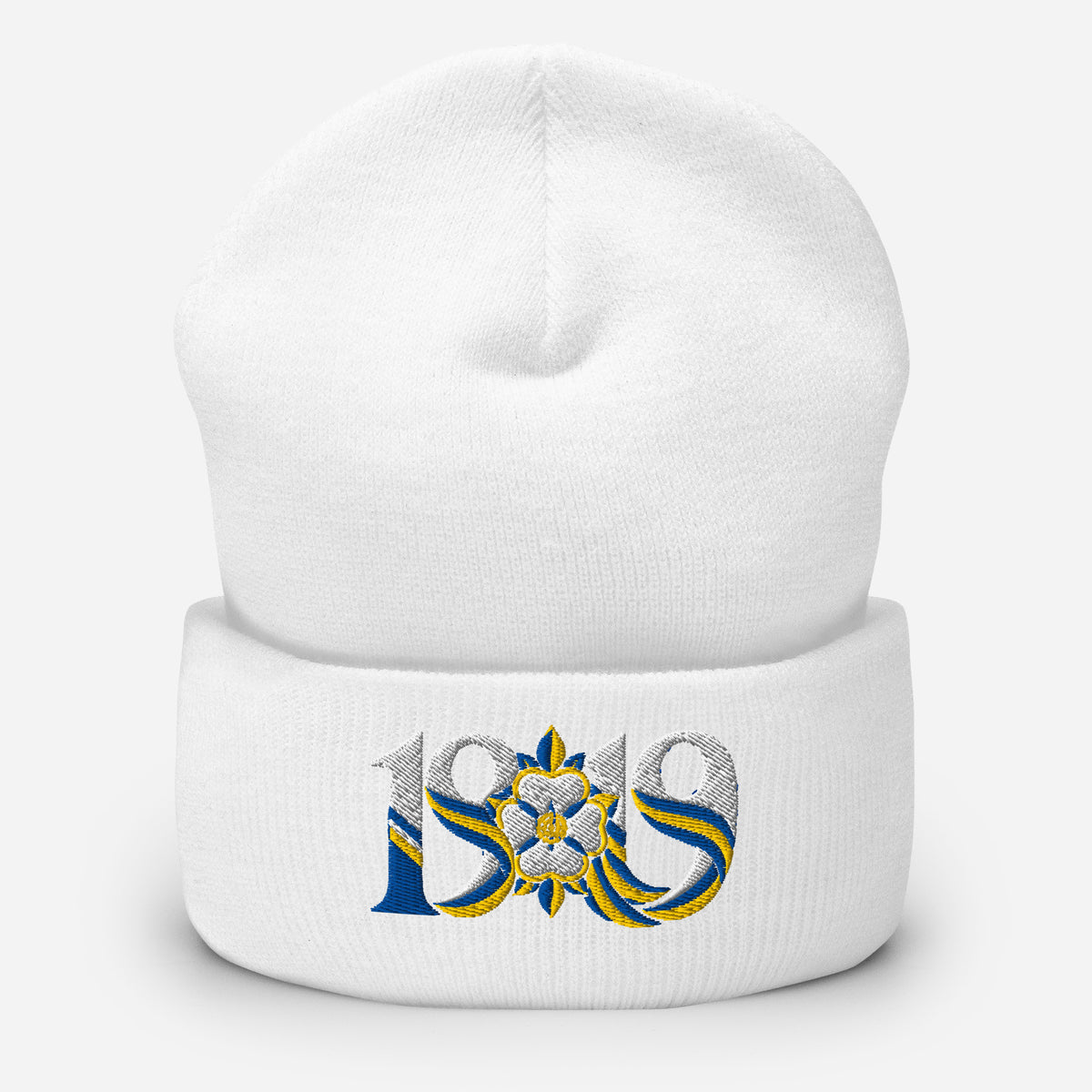 Leeds 1919 White Rose Heritage Embroidered Football Beanie – white front view