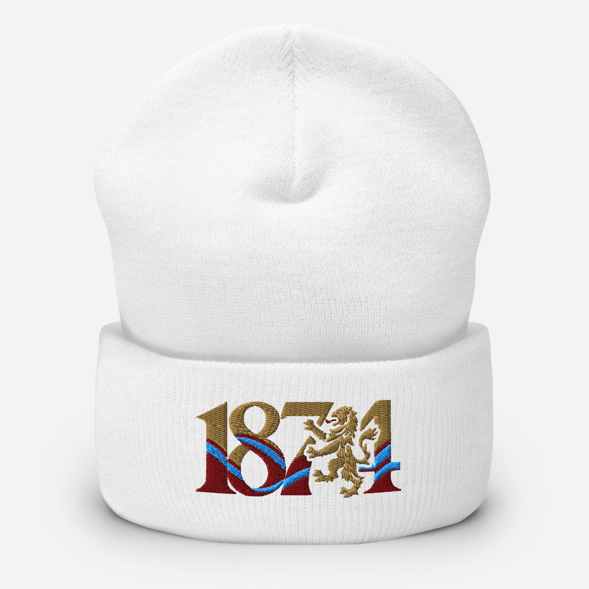 Aston Villa 1874 Lion Heritage Embroidered Football Beanie – white front view