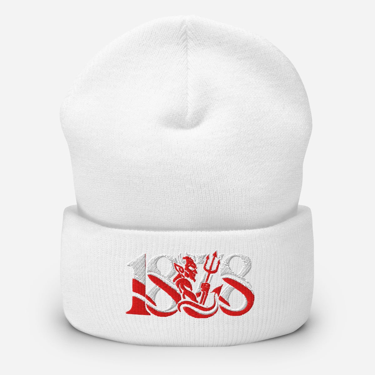 Manchester United 1878 Red Devil Heritage embroidered football beanie, white colour, front view