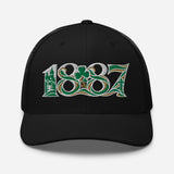 Celtic 1887 Founding Year Inspired Embroidered Football Trucker Cap – black front view