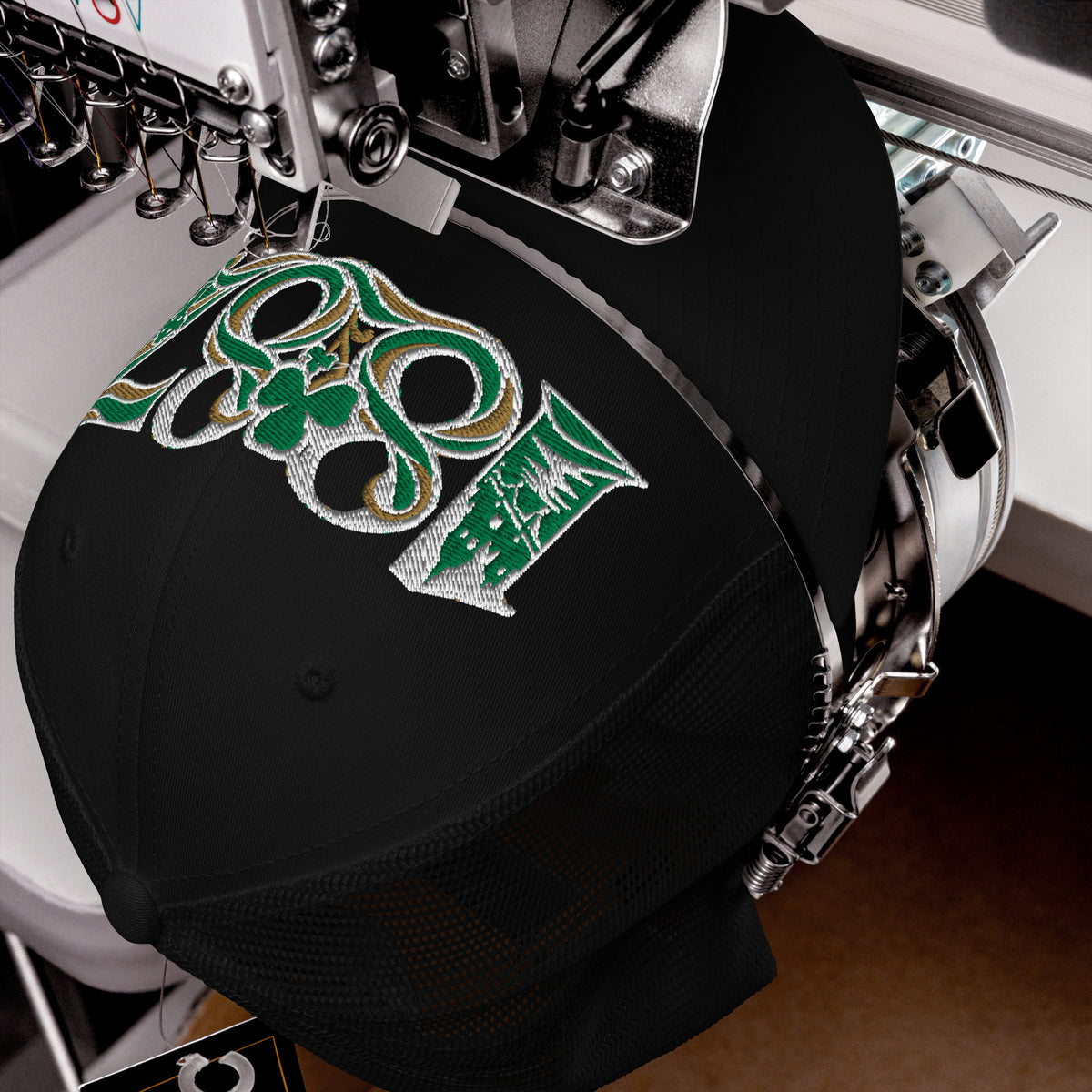 Celtic 1887 Founding Year Inspired Embroidered Football Trucker Cap – black front view