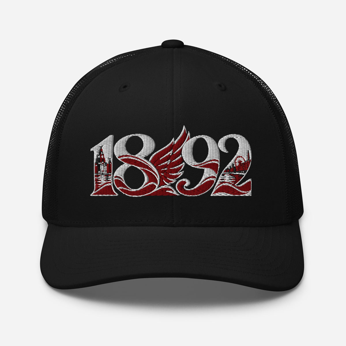 Liverpool 1892 Heritage Liver Bird Embroidered Football Trucker Cap – black front view