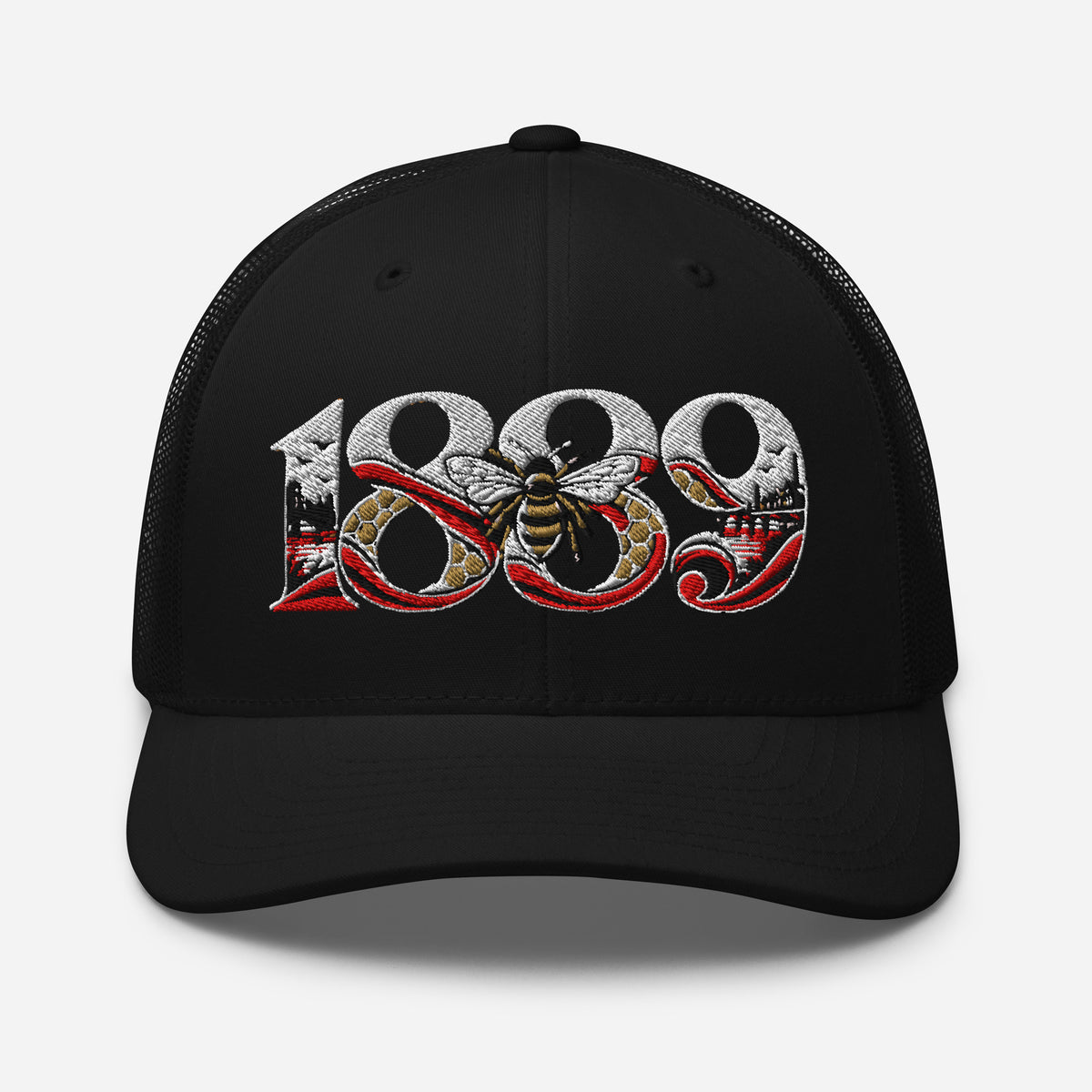 Brentford 1889 Heritage Bees embroidered football trucker cap, black colour, front view