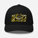 Wolves 1877 Heritage Wolf embroidered football trucker cap, black colour, front view