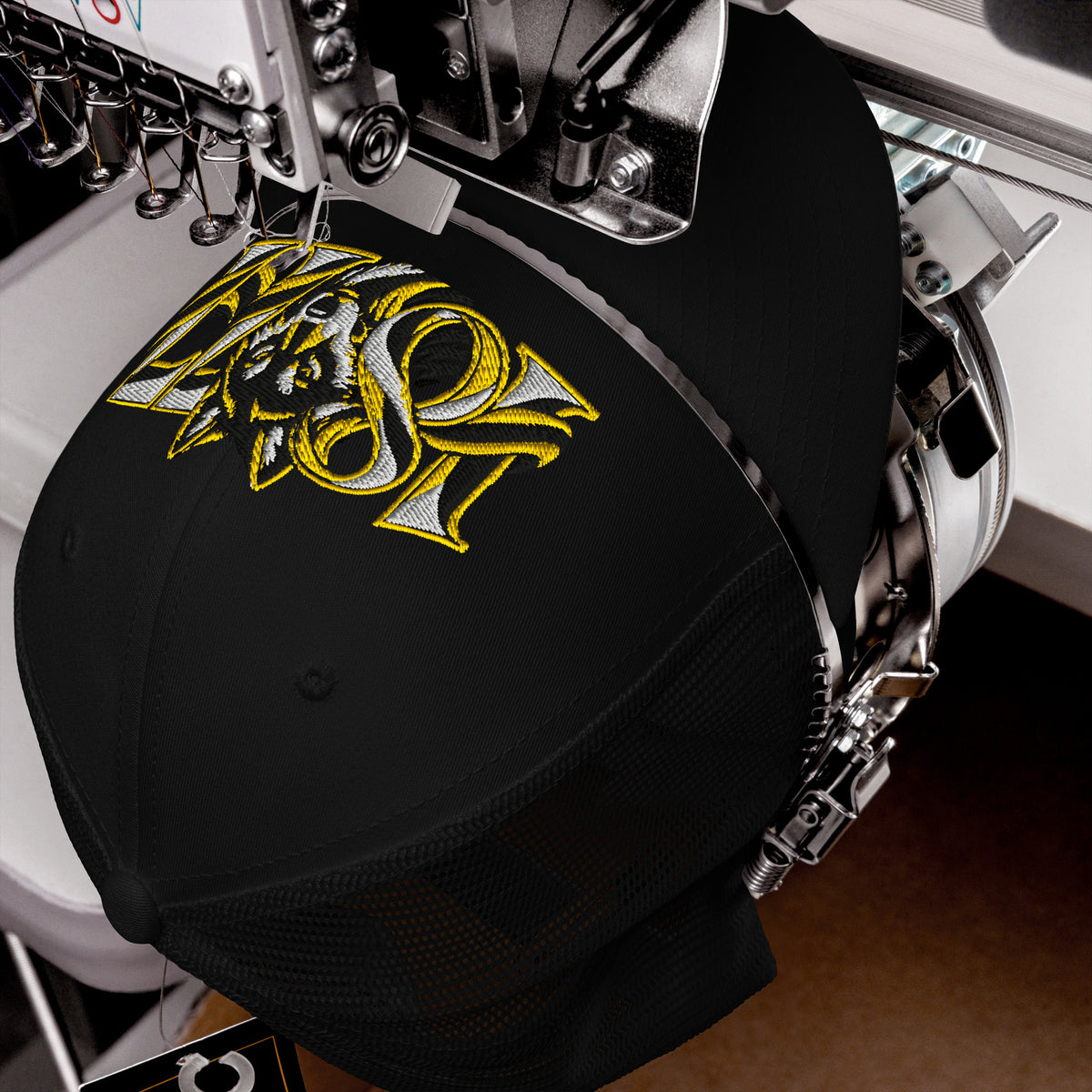 Wolves 1877 Heritage Wolf embroidered football trucker cap, black colour, front view