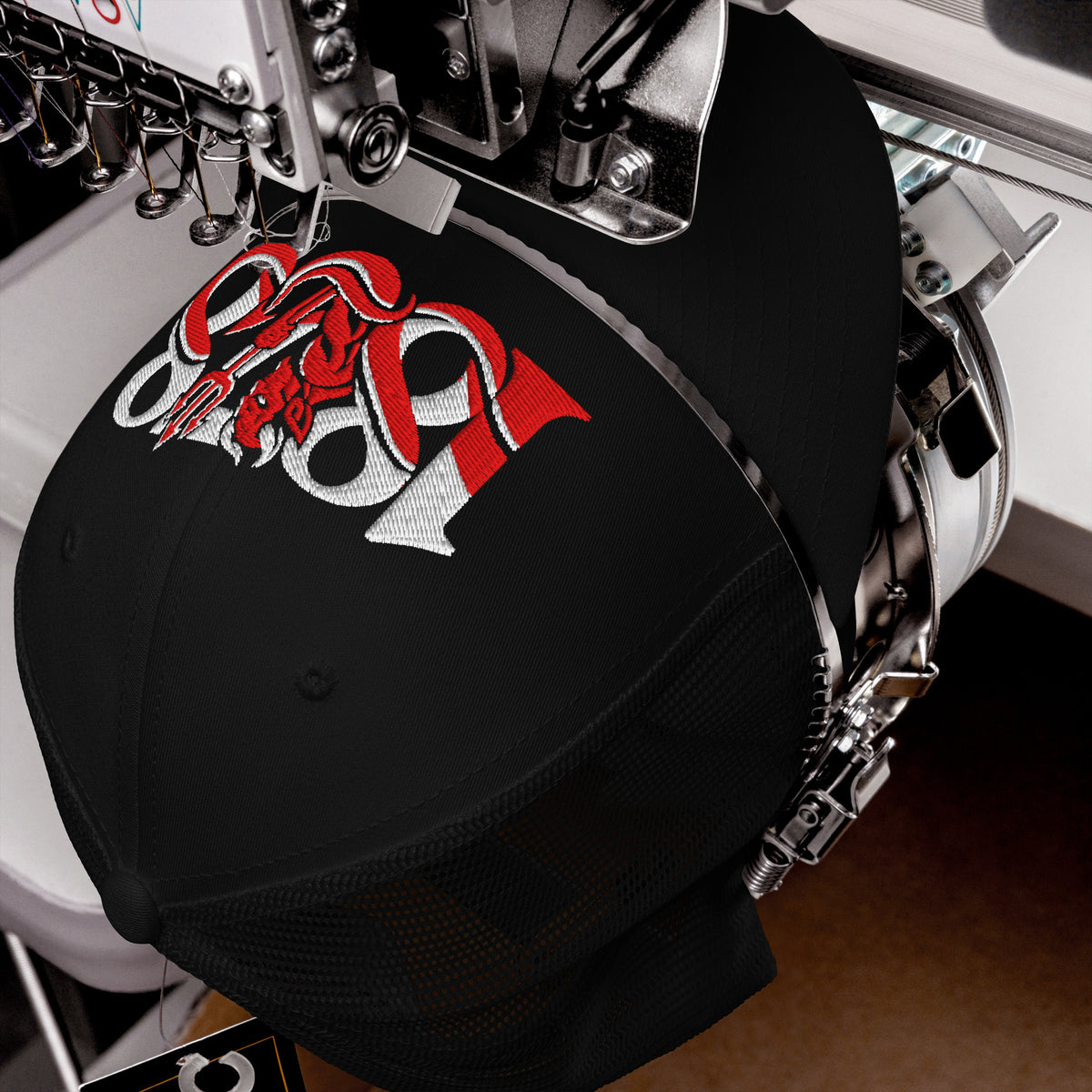 Manchester United 1878 Red Devil Heritage embroidered football trucker cap, black colour, front view