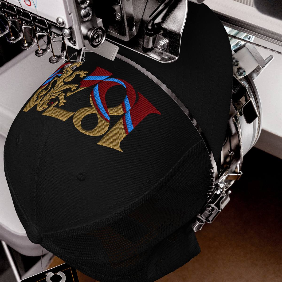 Aston Villa 1874 Lion Heritage embroidered football trucker cap, black colour, front view