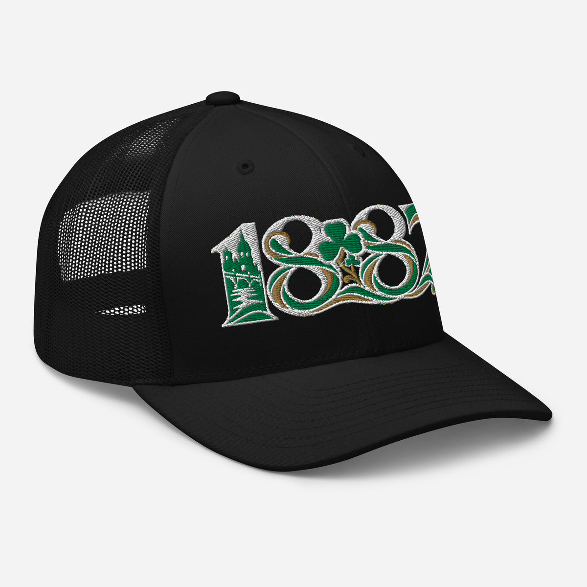 Celtic 1887 Founding Year Inspired Embroidered Football Trucker Cap – black right front view