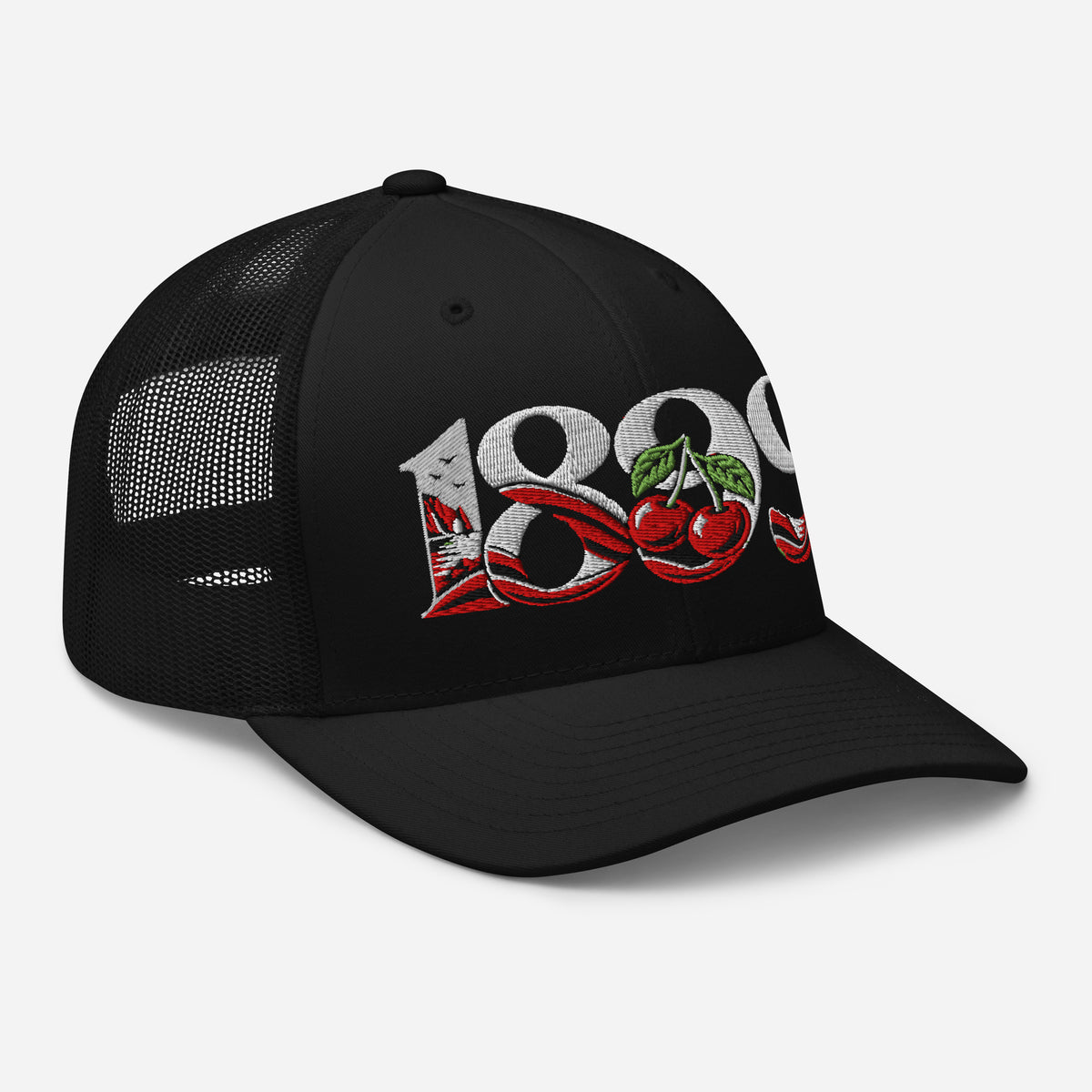 Bournemouth 1899 Heritage Cherries embroidered football trucker cap, black colour, right-front view