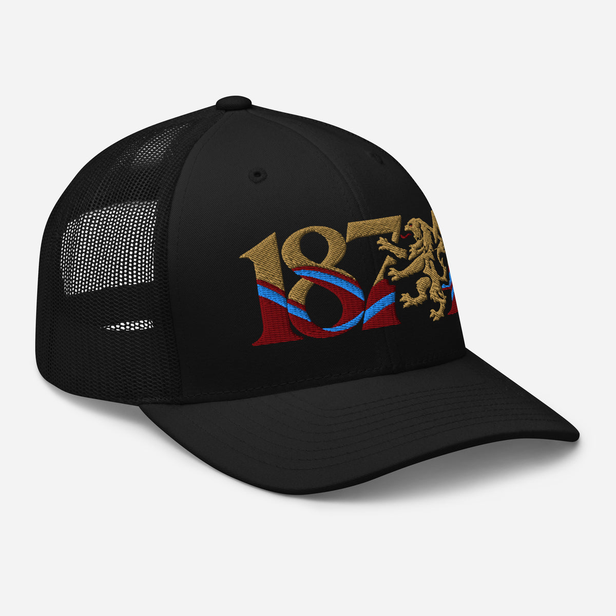 Aston Villa 1874 Lion Heritage embroidered football trucker cap, black colour, right-front view