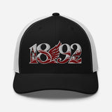 Liverpool 1892 Heritage Liver Bird Embroidered Football Trucker Cap – black white front view
