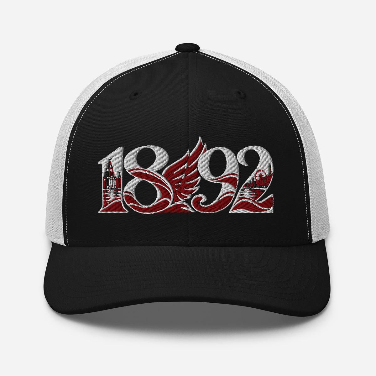 Liverpool 1892 Heritage Liver Bird Embroidered Football Trucker Cap – black white front view