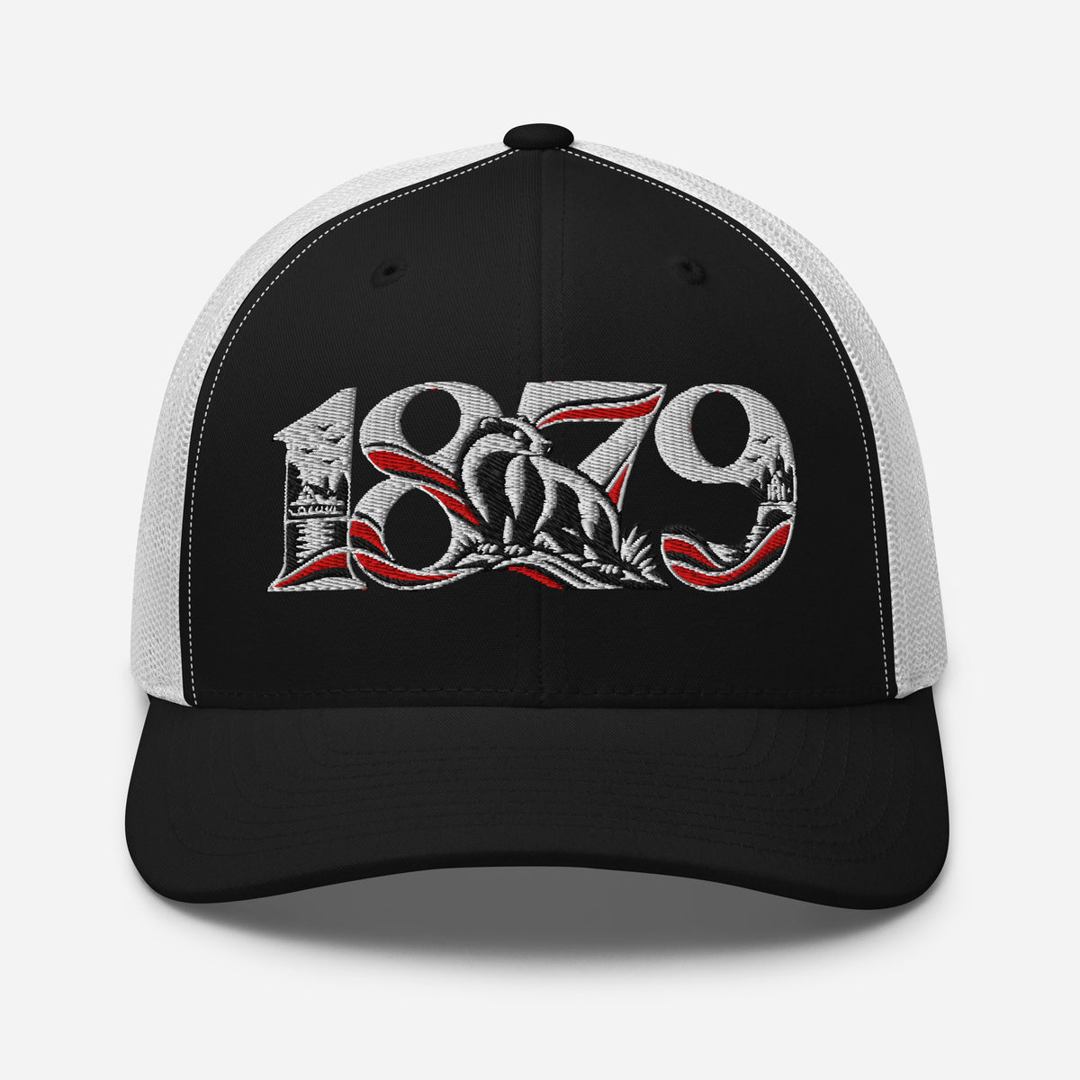 Fulham 1879 Heritage embroidered football trucker cap, black white colour, front view