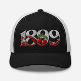 Bournemouth 1899 Heritage Cherries embroidered football trucker cap, black white colour, front view