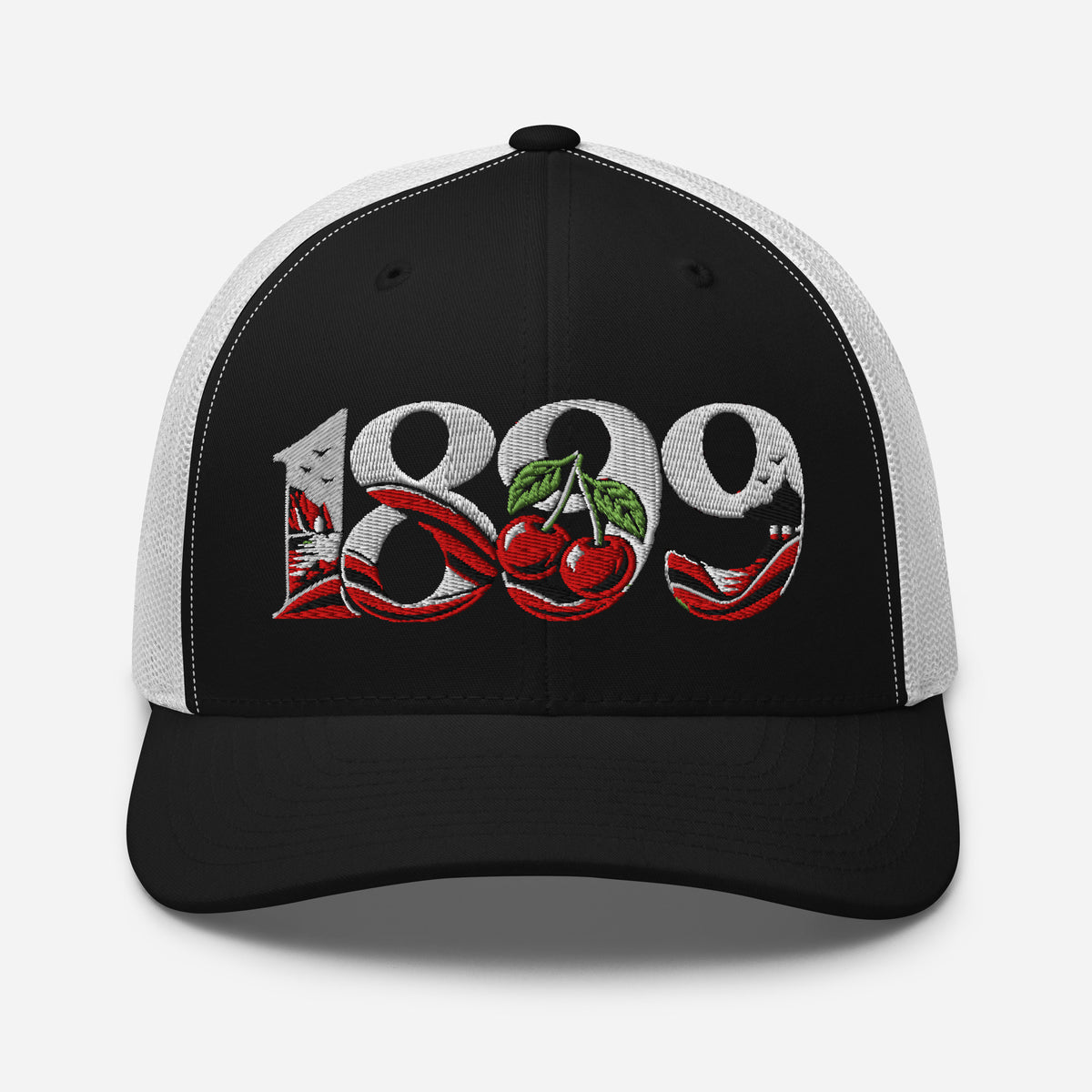 Bournemouth 1899 Heritage Cherries embroidered football trucker cap, black white colour, front view